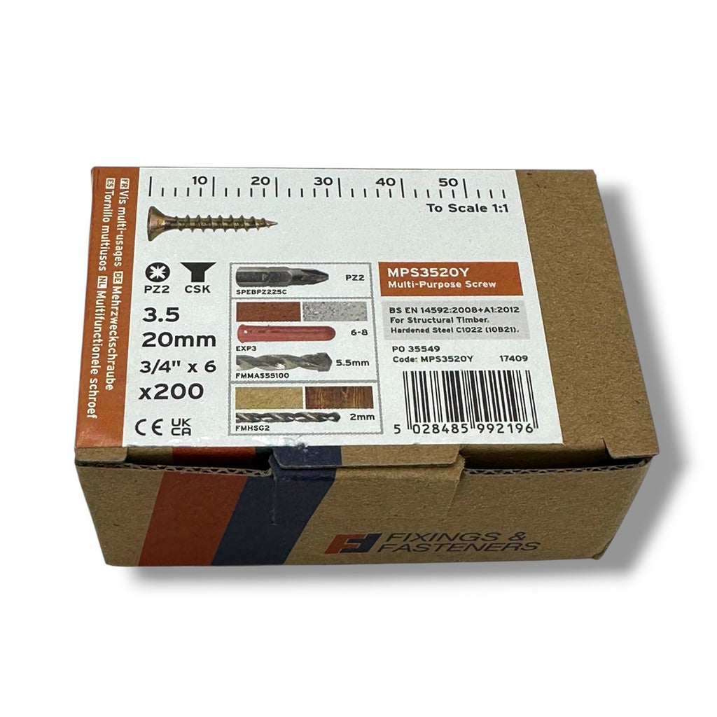 ForgeFix Yellow Zinc Pozi Wood Screws – 3.5 × 20mm – box label and measurements