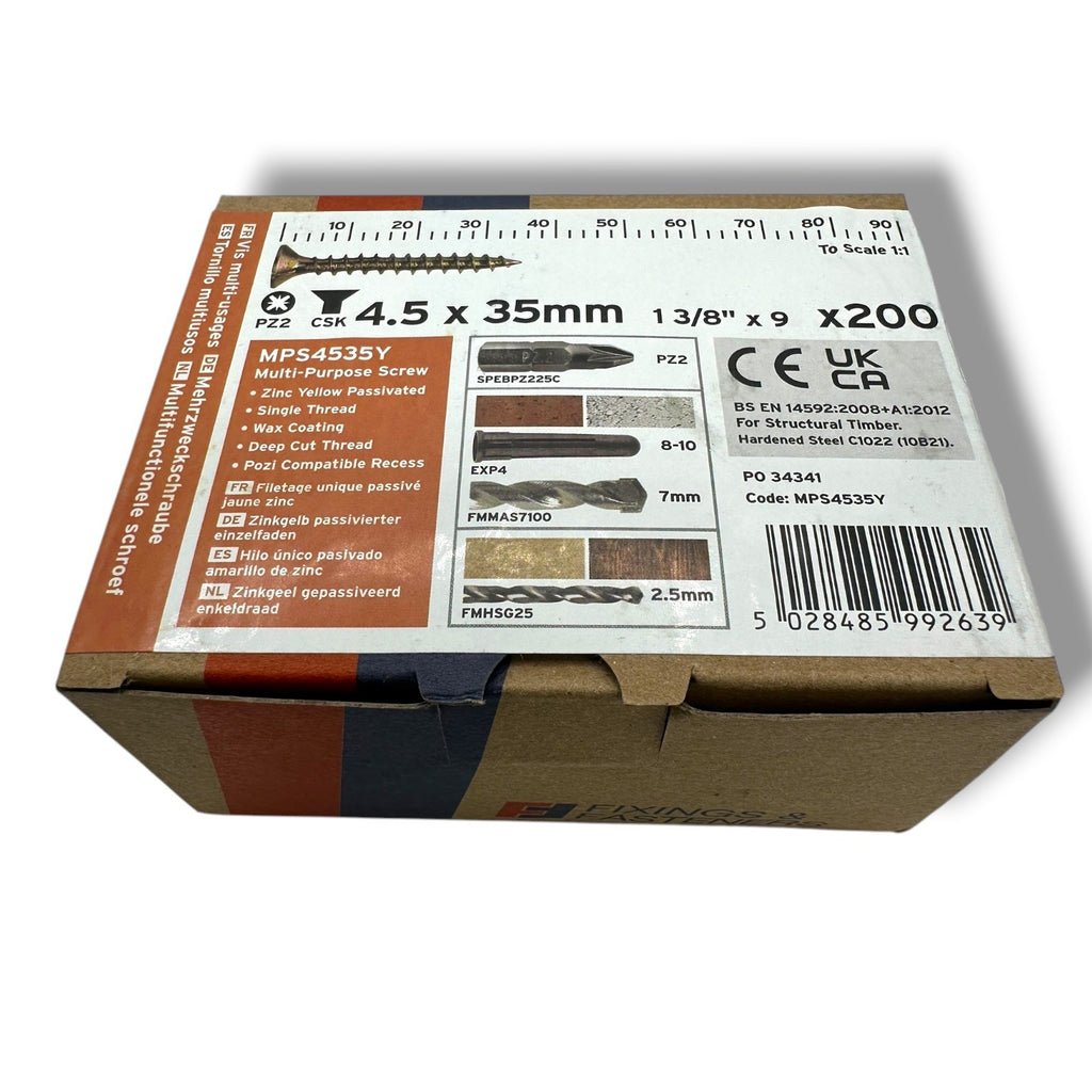 ForgeFix Yellow Zinc Pozi Wood Screws – 4.5 × 35mm – box label and measurements