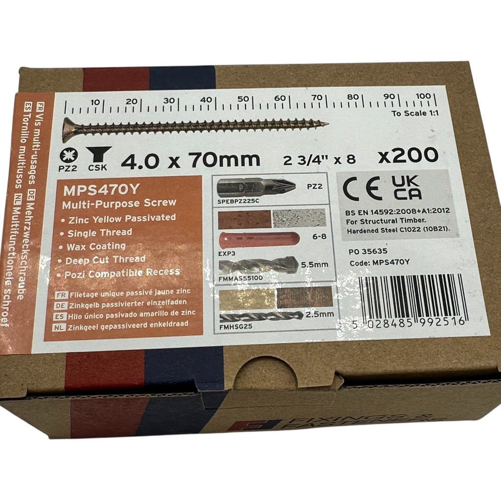 ForgeFix Yellow Zinc Pozi Wood Screws – 4.0 × 70mm – box label and measurements