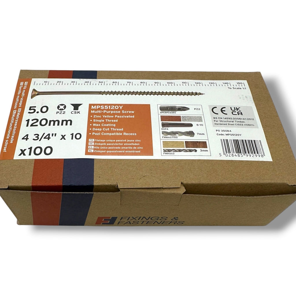 ForgeFix Yellow Zinc Pozi Wood Screws – 5.0 × 120mm – size and packaging